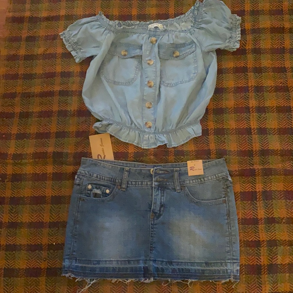Jean Mini skirt and off the shoulder shirt outfit